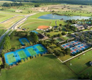 An aerial view of Stone Creek clubhouse sports facilities.