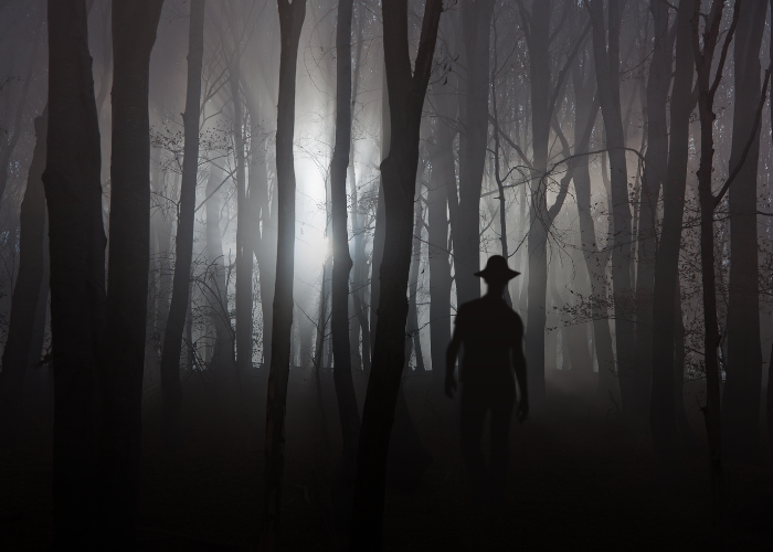 A dark, shadowy man creeps through the forest.