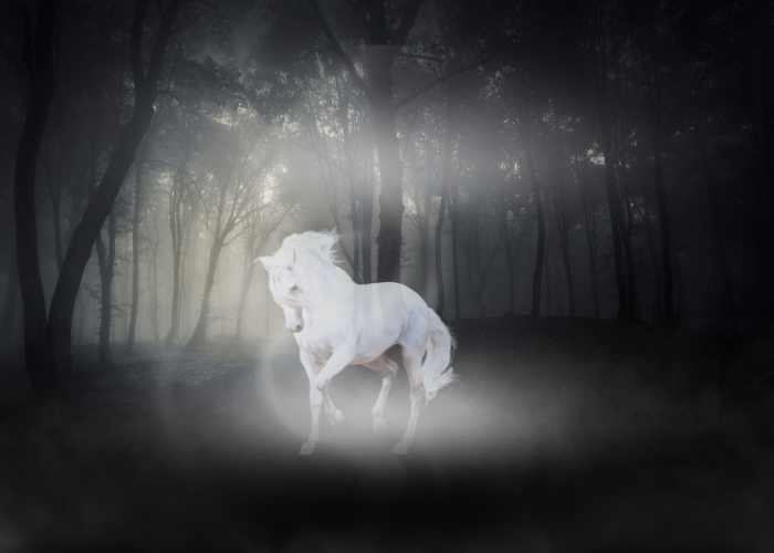 A ghostly white horse in a spooky dark forest.